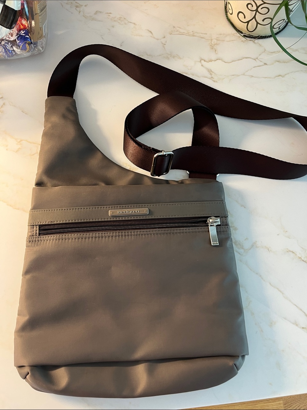 Taupe Nylon Crossbody Bag with Adjustable Dark Brown Strap